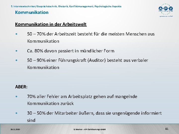 5. Interviewtechniken/Gesprächstechnik, Rhetorik, Konfliktmanagement, Psychologische Aspekte Kommunikation in der Arbeitswelt • 50 – 70%