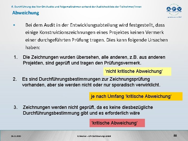 6. Durchführung des Vor-Ort-Audits und Folgemaßnahmen anhand der Auditcheckliste der Teilnehmer/Innen Abweichung • 1.