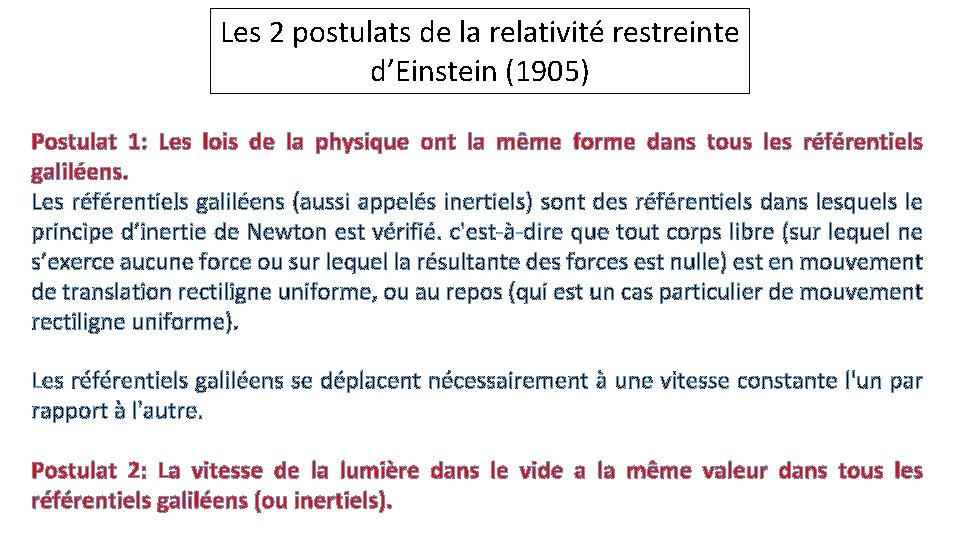 Les 2 postulats de la relativité restreinte d’Einstein (1905) Postulat 1: Les lois de