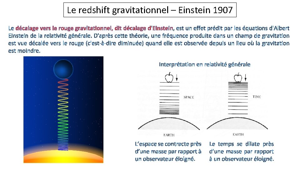 Le redshift gravitationnel – Einstein 1907 Le décalage vers le rouge gravitationnel, dit décalage