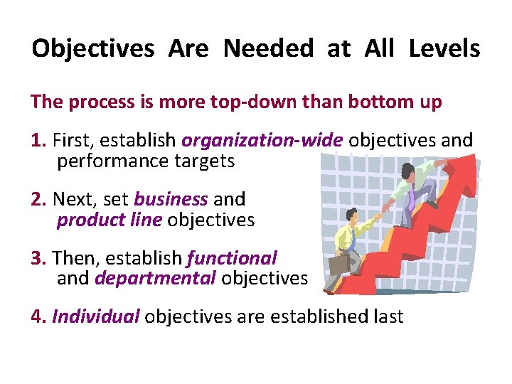 Objectives Are Needed at All Levels The process is more top-down than bottom up