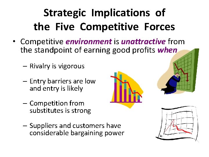 Strategic Implications of the Five Competitive Forces • Competitive environment is unattractive from the