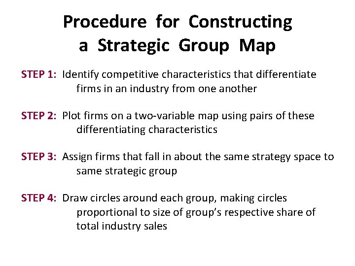 Procedure for Constructing a Strategic Group Map STEP 1: Identify competitive characteristics that differentiate
