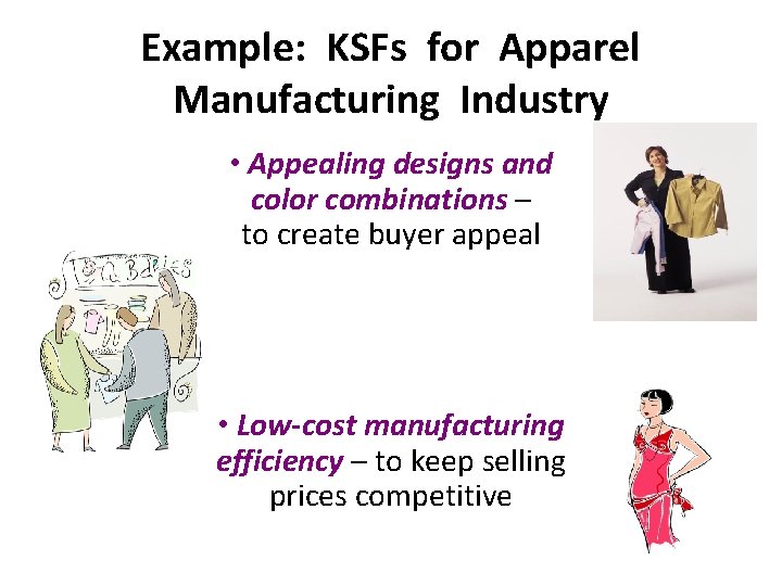 Example: KSFs for Apparel Manufacturing Industry • Appealing designs and color combinations – to