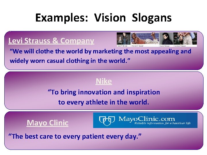 Examples: Vision Slogans Levi Strauss & Company “We will clothe world by marketing the