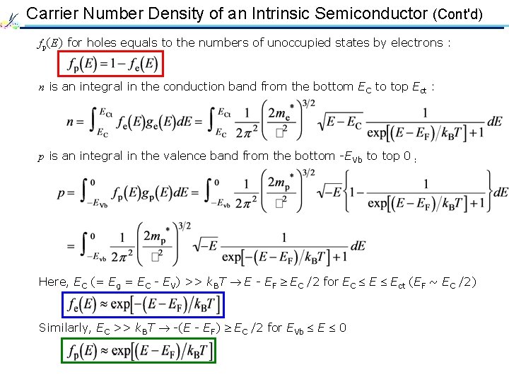 Carrier Number Density of an Intrinsic Semiconductor (Cont'd) fp(E) for holes equals to the