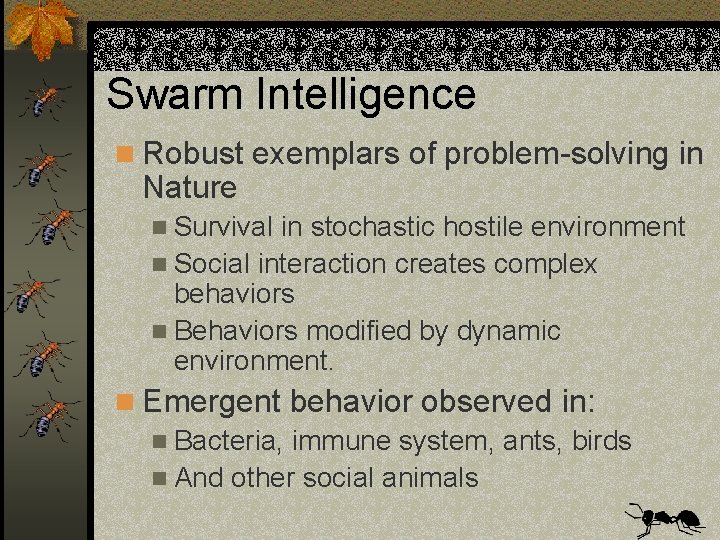 Swarm Intelligence n Robust exemplars of problem-solving in Nature n Survival in stochastic hostile