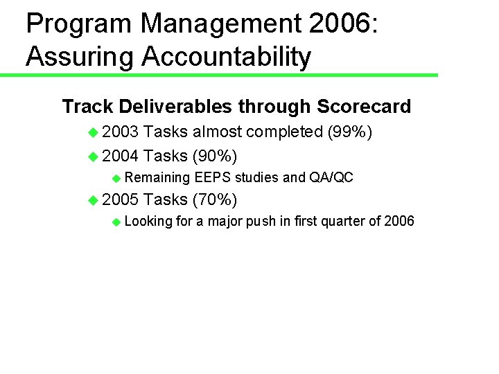Program Management 2006: Assuring Accountability Track Deliverables through Scorecard u 2003 Tasks almost completed