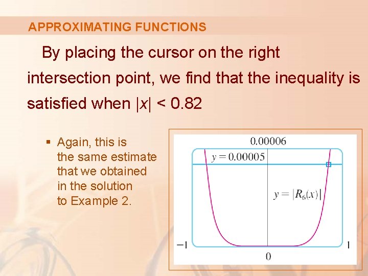 APPROXIMATING FUNCTIONS By placing the cursor on the right intersection point, we find that