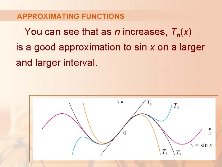 APPROXIMATING FUNCTIONS You can see that as n increases, Tn(x) is a good approximation