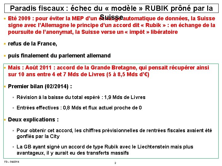Paradis fiscaux : échec du « modèle » RUBIK prôné par la Suisse §