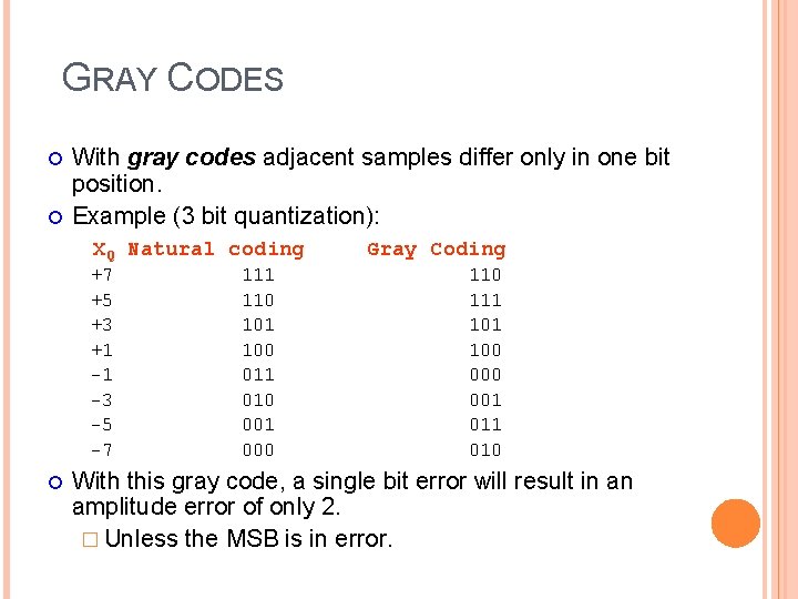 GRAY CODES With gray codes adjacent samples differ only in one bit position. Example