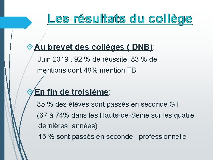 Les résultats du collège Au brevet des collèges ( DNB): Juin 2019 : 92