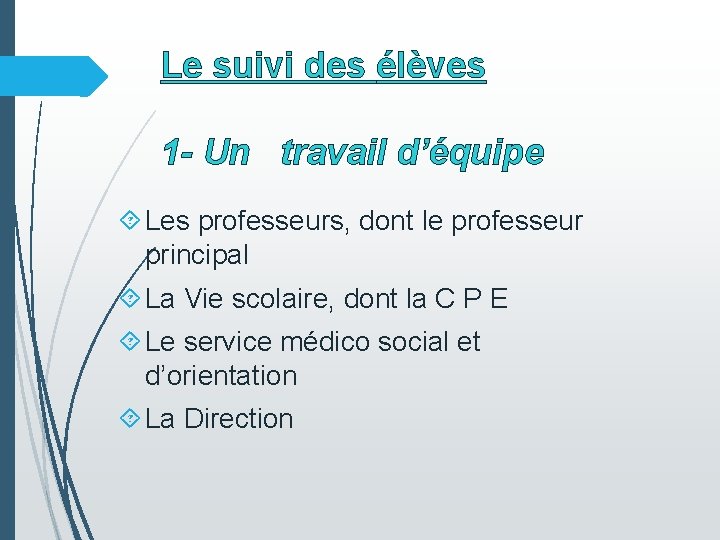 Le suivi des élèves 1 - Un travail d’équipe Les professeurs, dont le professeur