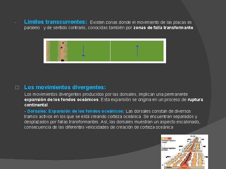 - Límites transcurrentes: Existen zonas donde el movimiento de las placas es paralelo y