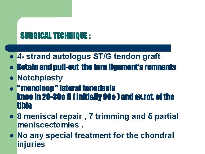 SURGICAL TECHNIQUE : 4 - strand autologus ST/G tendon graft Retain and pull-out the