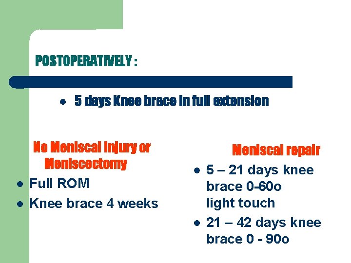 POSTOPERATIVELY : 5 days Knee brace in full extension No Meniscal injury or Meniscectomy