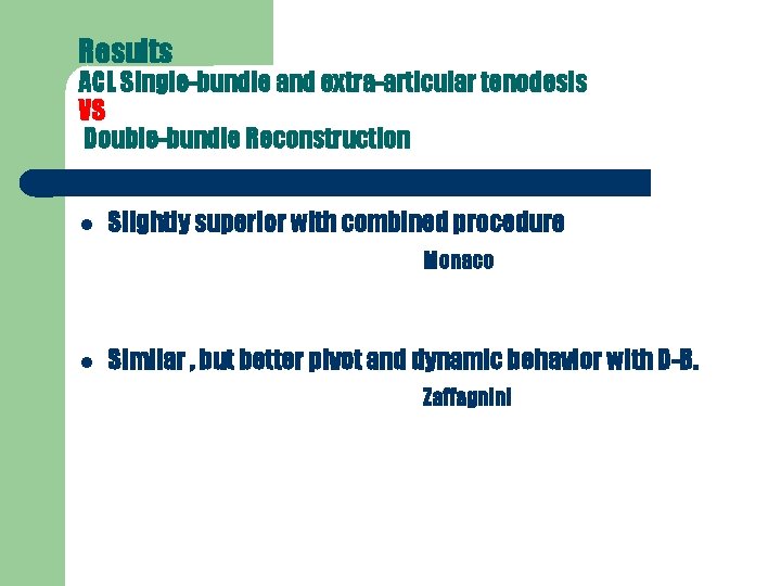 Results ACL Single-bundle and extra-articular tenodesis VS Double-bundle Reconstruction Slightly superior with combined procedure