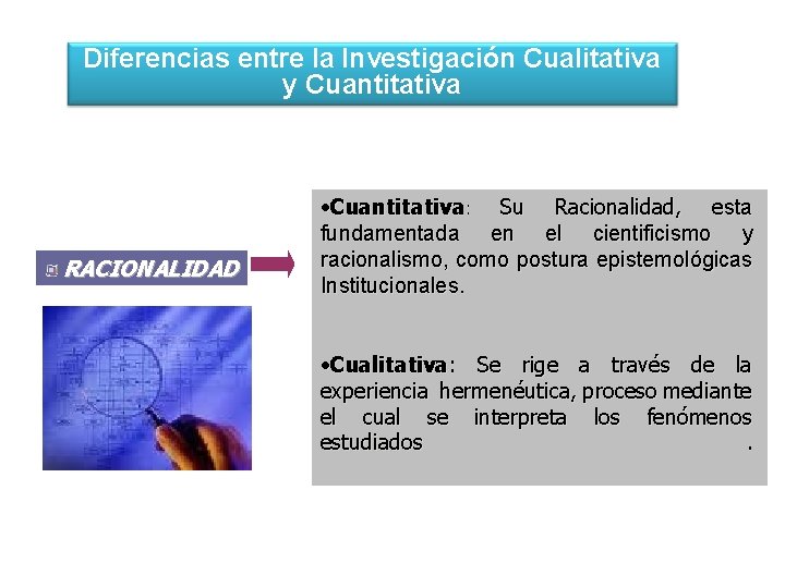 Diferencias entre la Investigación Cualitativa y Cuantitativa RACIONALIDAD • Cuantitativa: Su Racionalidad, esta fundamentada