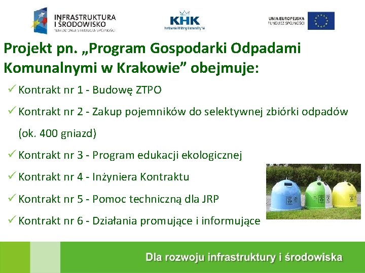 KRAKOWSKA EKOSPALARNIA Projekt pn. „Program Gospodarki Odpadami Komunalnymi w Krakowie” obejmuje: Kontrakt nr 1