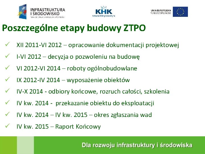 KRAKOWSKA EKOSPALARNIA Poszczególne etapy budowy ZTPO XII 2011 -VI 2012 – opracowanie dokumentacji projektowej