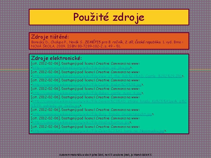 Použité zdroje Zdroje tištěné: Borecký D. , Chalupa P. , Novák S. ZEMĚPIS pro