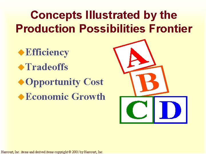 Concepts Illustrated by the Production Possibilities Frontier u. Efficiency u. Tradeoffs u. Opportunity Cost Concepts Illustrated by the Production Possibilities Frontier u. Efficiency u. Tradeoffs u. Opportunity Cost