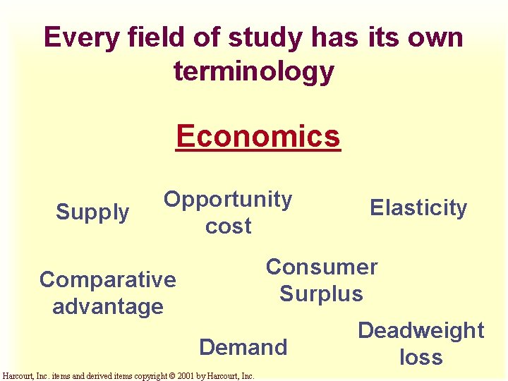 Every field of study has its own terminology Economics Supply Opportunity cost Elasticity Consumer Every field of study has its own terminology Economics Supply Opportunity cost Elasticity Consumer
