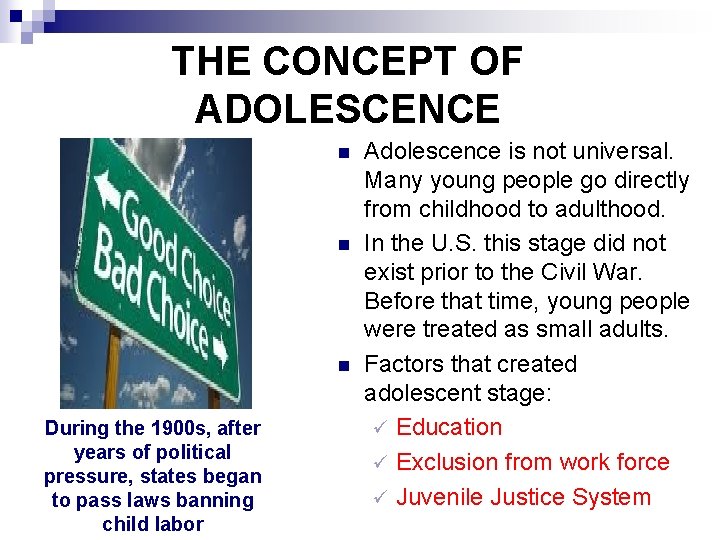 THE CONCEPT OF ADOLESCENCE n n n During the 1900 s, after years of