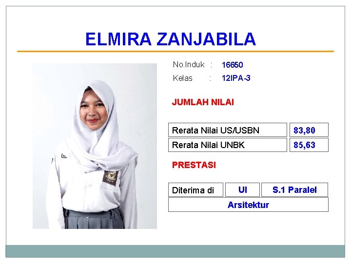 ELMIRA ZANJABILA No. Induk : 16650 Kelas 12 IPA-3 : JUMLAH NILAI Rerata Nilai