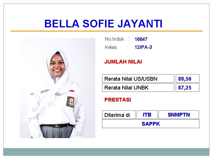 BELLA SOFIE JAYANTI No. Induk : 16647 Kelas 12 IPA-3 : JUMLAH NILAI Rerata
