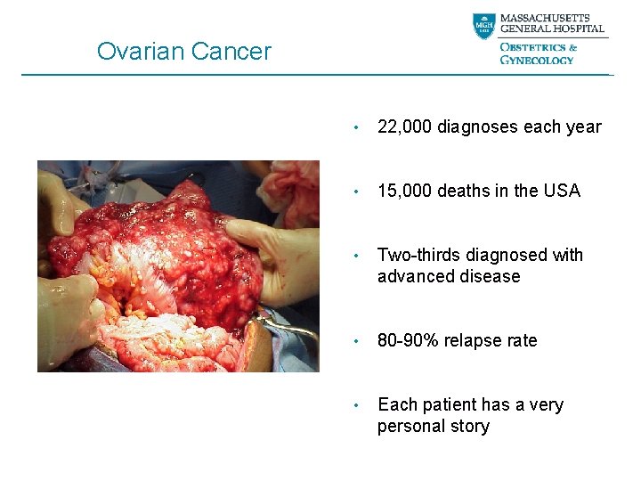 Ovarian Cancer • 22, 000 diagnoses each year • 15, 000 deaths in the