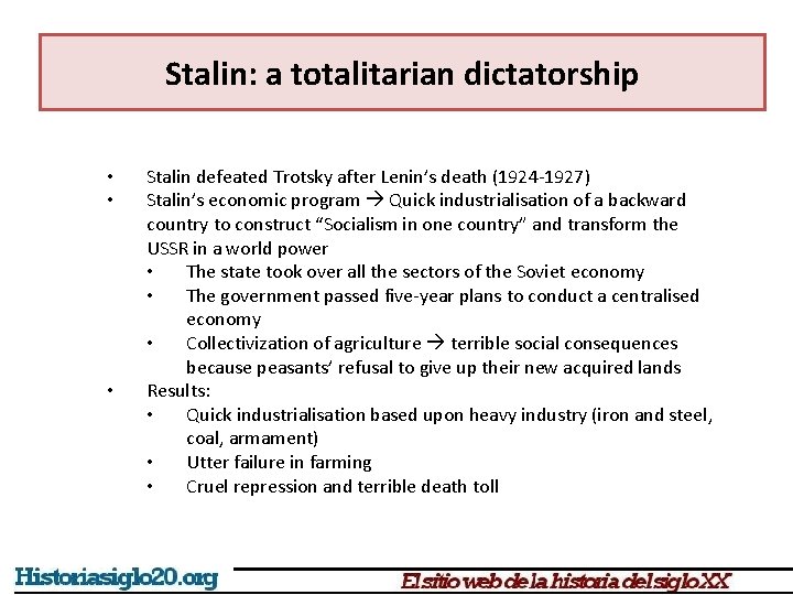 Stalin: a totalitarian dictatorship • • • Stalin defeated Trotsky after Lenin’s death (1924 Stalin: a totalitarian dictatorship • • • Stalin defeated Trotsky after Lenin’s death (1924