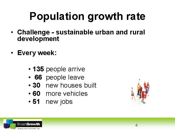 Population growth rate • Challenge - sustainable urban and rural development • Every week: