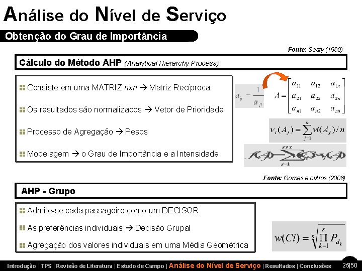 Análise do Nível de Serviço Obtenção do Grau de Importância Fonte: Saaty (1980) Cálculo