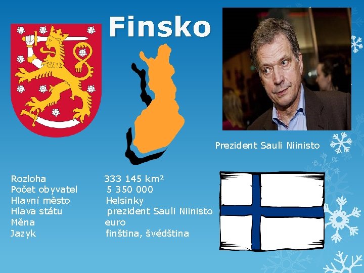 Finsko Prezident Sauli Niinisto Rozloha 333 145 km² Počet obyvatel 5 350 000 Hlavní