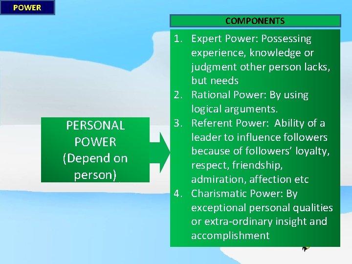 POWER COMPONENTS PERSONAL POWER (Depend on person) 1. Expert Power: Possessing experience, knowledge or