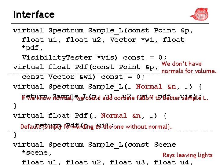 Interface virtual Spectrum Sample_L(const Point &p, float u 1, float u 2, Vector *wi,