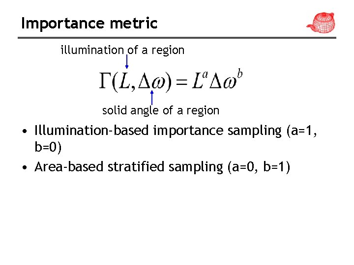 Importance metric illumination of a region solid angle of a region • Illumination-based importance