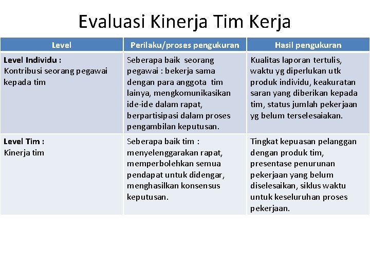 Evaluasi Kinerja Tim Kerja Level Perilaku/proses pengukuran Hasil pengukuran Level Individu : Kontribusi seorang