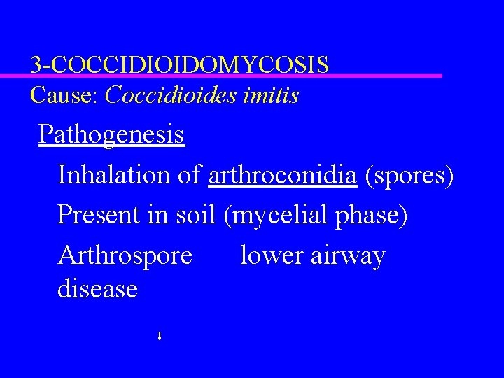 3 -COCCIDIOIDOMYCOSIS Cause: Coccidioides imitis Pathogenesis Inhalation of arthroconidia (spores) Present in soil (mycelial