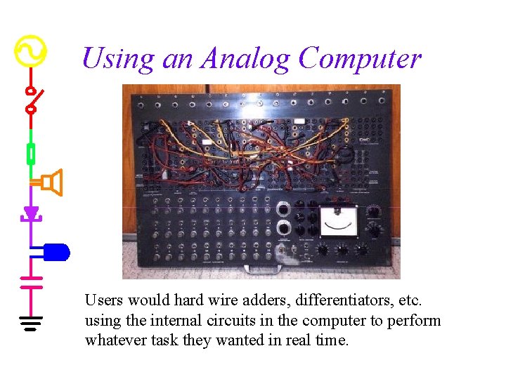 Using an Analog Computer Users would hard wire adders, differentiators, etc. using the internal