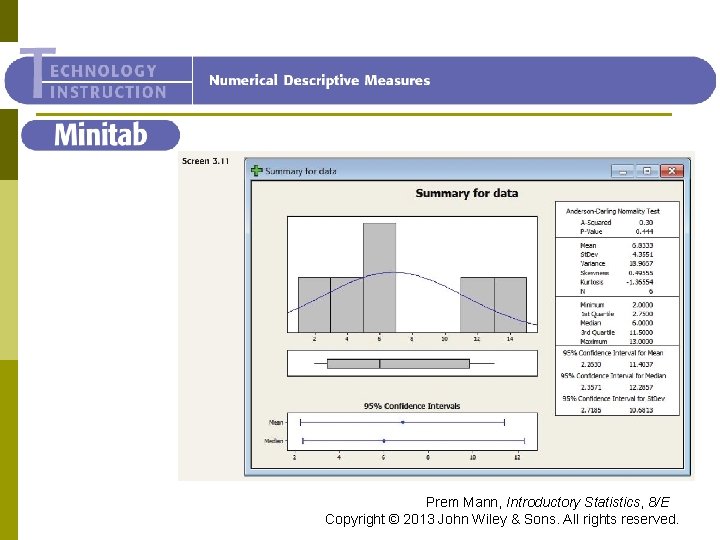 Minitab Prem Mann, Introductory Statistics, 8/E Copyright © 2013 John Wiley & Sons. All