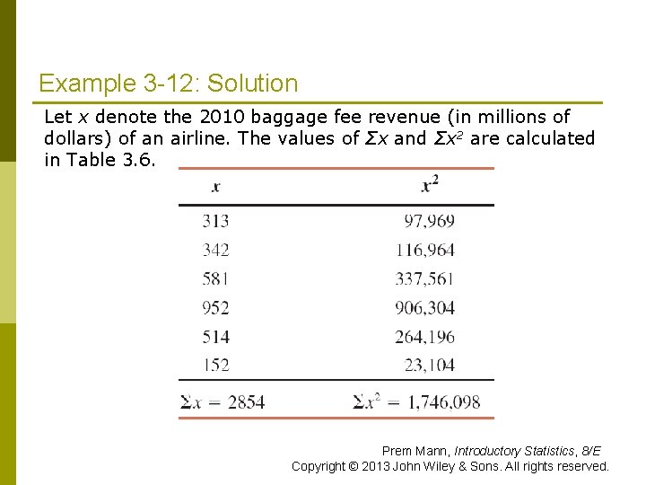 Example 3 -12: Solution Let x denote the 2010 baggage fee revenue (in millions