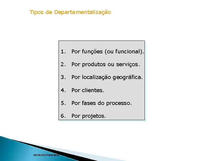 Tipos de Departamentalização 1. Por funções (ou funcional). 2. Por produtos ou serviços. 3.