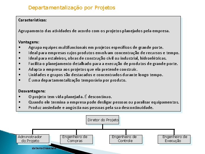 Departamentalização por Projetos Características: Agrupamento das atividades de acordo com os projetos planejados pela