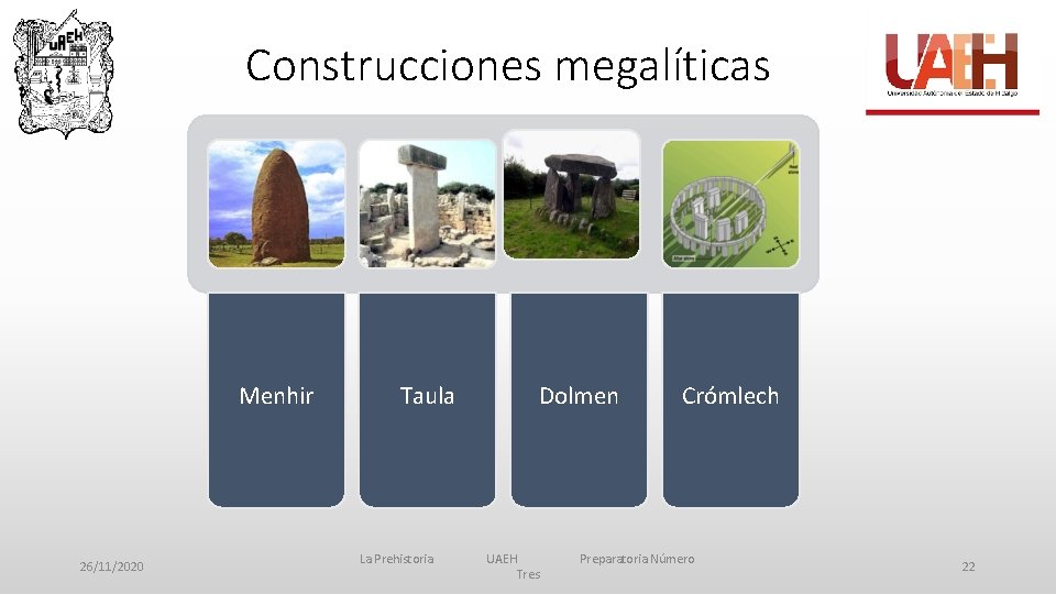 Construcciones megalíticas Menhir 26/11/2020 Taula La Prehistoria Dolmen UAEH Tres Crómlech Preparatoria Número 22