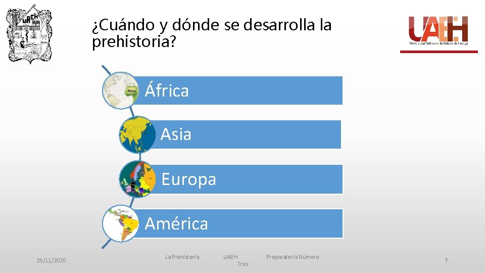 ¿Cuándo y dónde se desarrolla la prehistoria? África Asia Europa América 26/11/2020 La Prehistoria