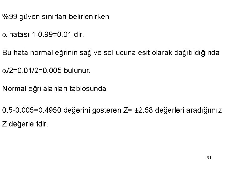 %99 güven sınırları belirlenirken hatası 1 -0. 99=0. 01 dir. Bu hata normal eğrinin