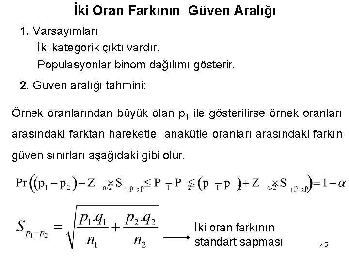 İki Oran Farkının Güven Aralığı 1. Varsayımları İki kategorik çıktı vardır. Populasyonlar binom dağılımı